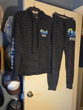 PINK Charcoal Heather Hoodie & Jogger Set with Ombre Logo